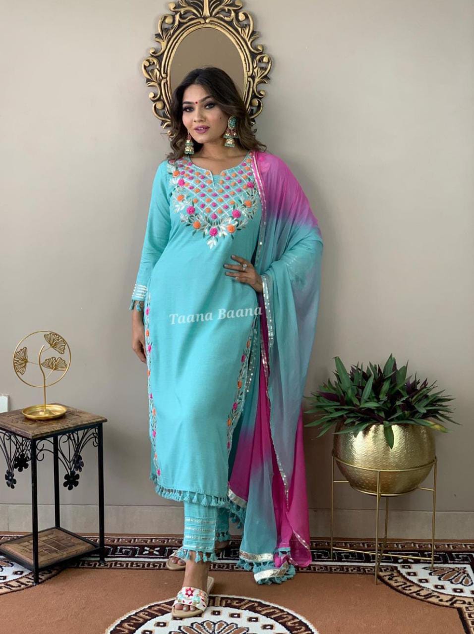 Soft Reyon Kurti With Embroidery and Chiffon Dupatta