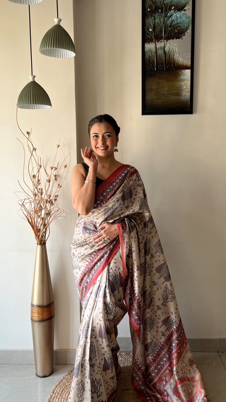 Soft Silk Saree With Kalamkari Fusion and Tussles