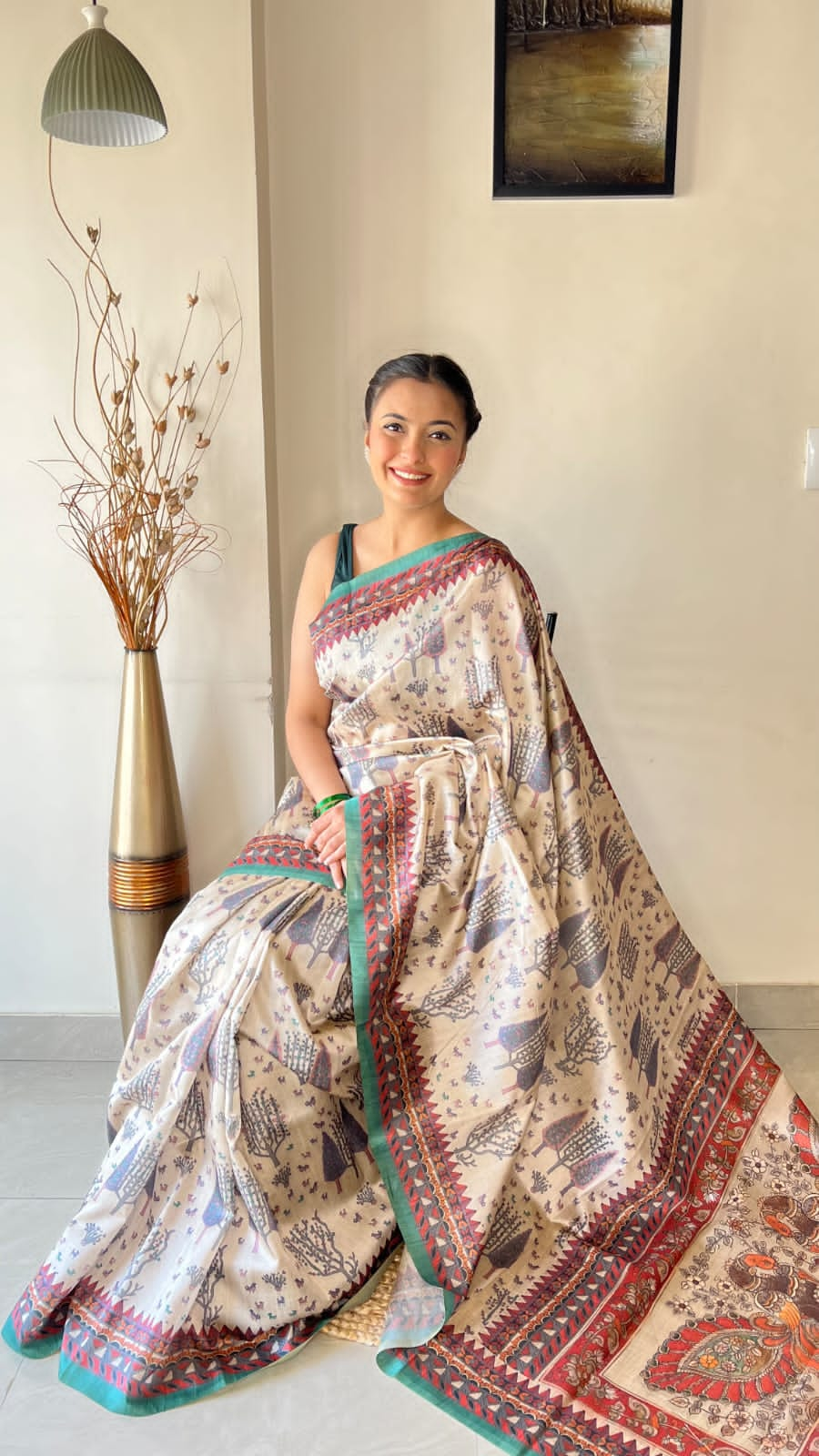 Soft Silk Saree With Kalamkari Fusion and Tussles