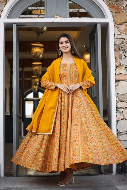 Mustard Yellow Soft Georgette Maxi Gown With Dupatta