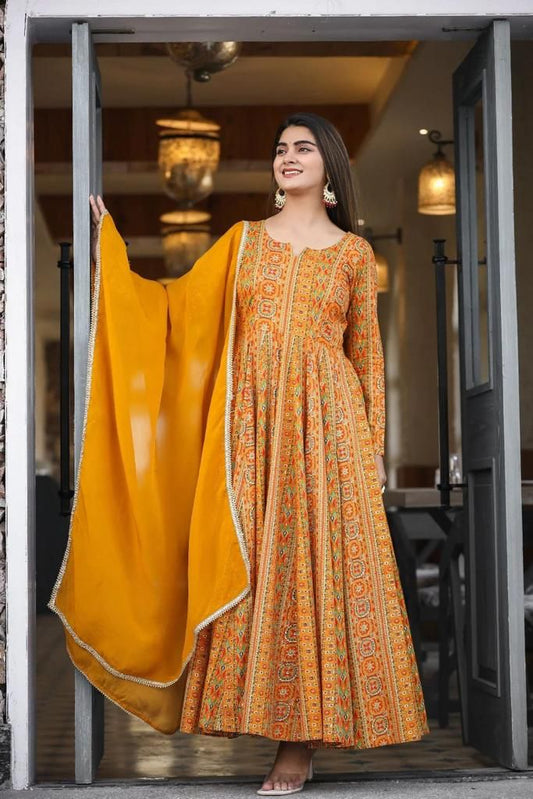 Mustard Yellow Soft Georgette Maxi Gown With Dupatta