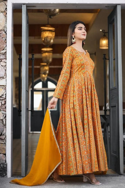 Mustard Yellow Soft Georgette Maxi Gown With Dupatta