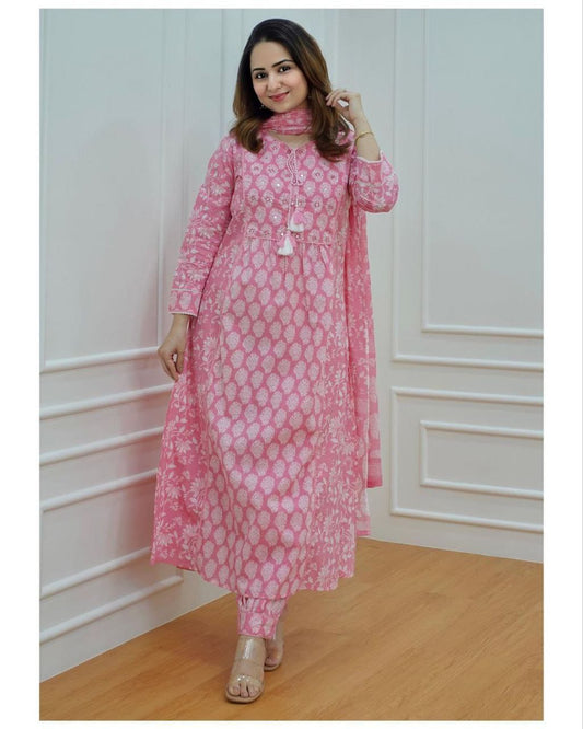 Pink Afghani Cotton Top With Digital Printed Bottom and Dupatta