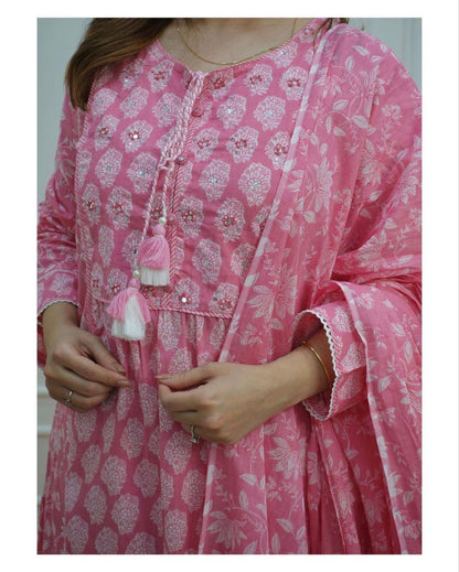 Pink Afghani Cotton Top With Digital Printed Bottom and Dupatta