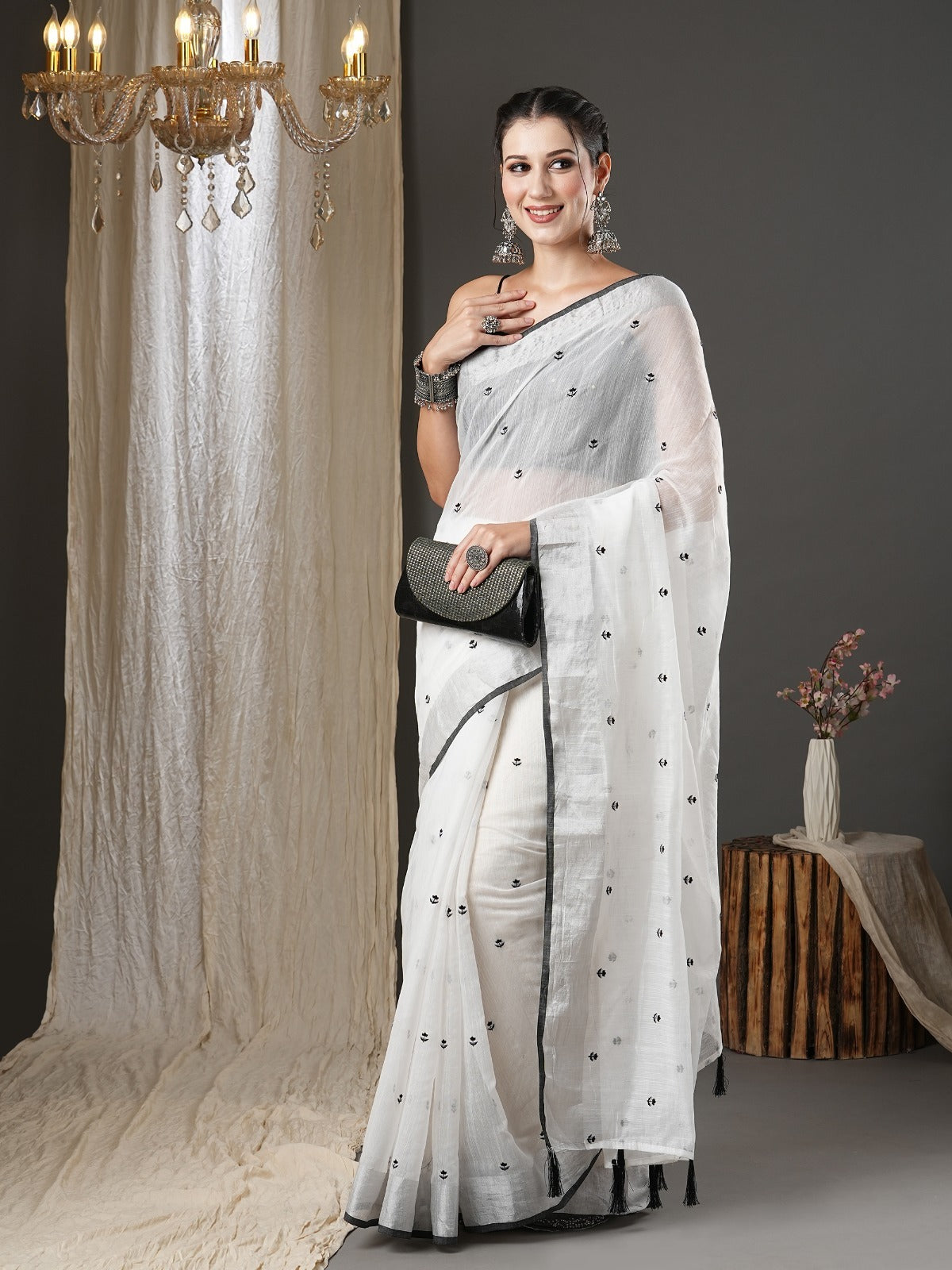 White Cotton Silk Saree With Small Embroidery Butti