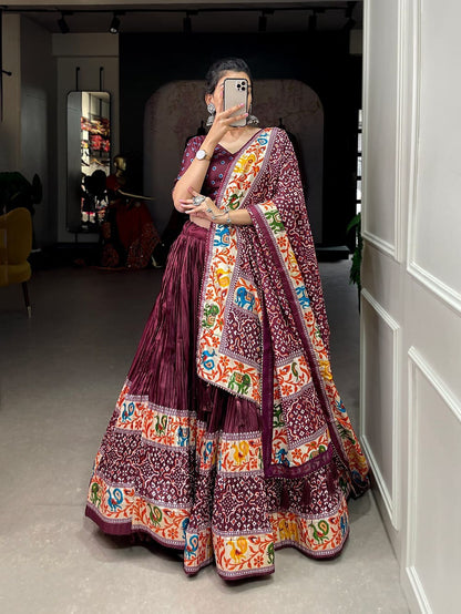 Crushed Dola Silk Lehenga With Bandhej Print and Patola Print