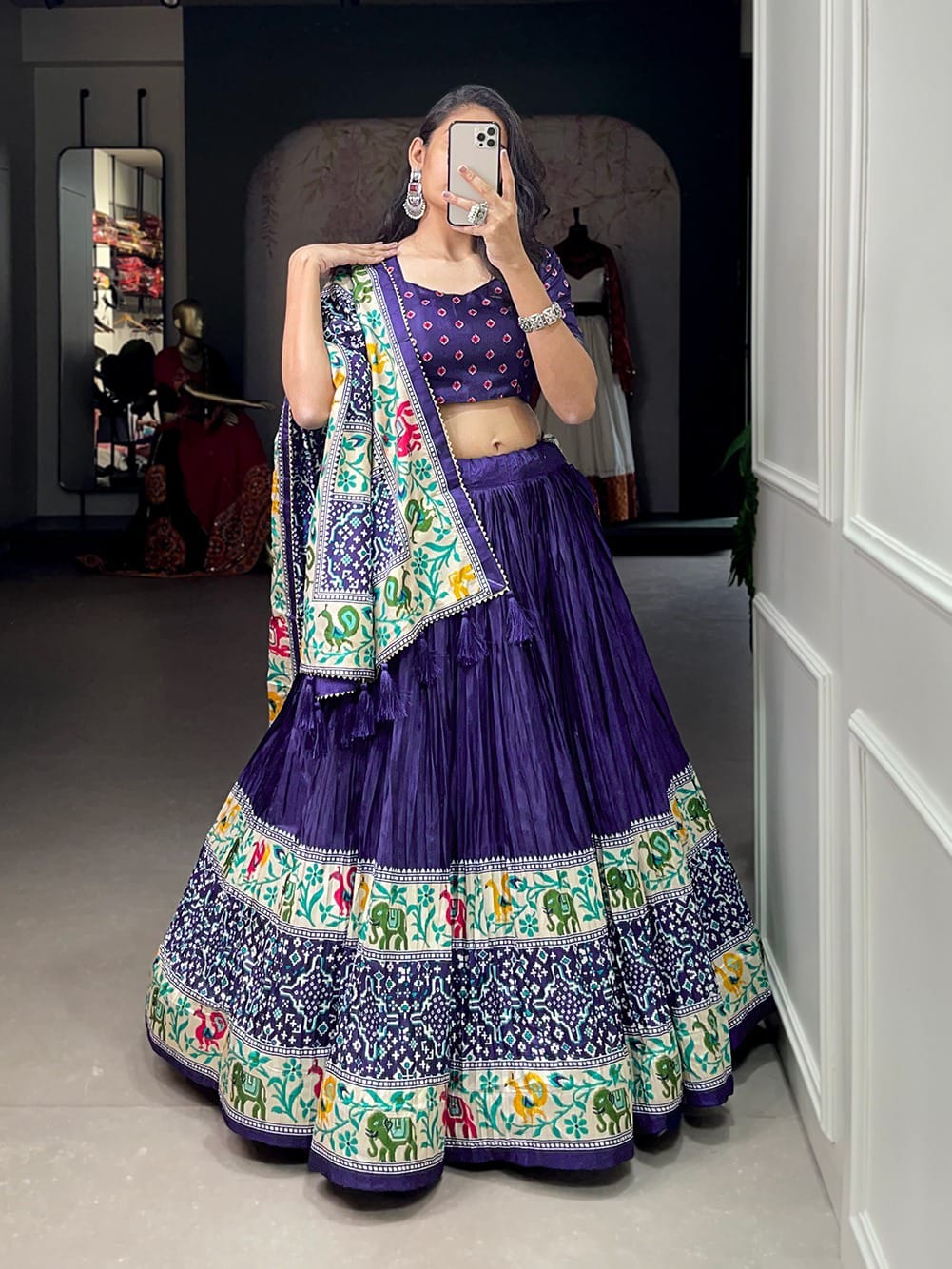 Crushed Dola Silk Lehenga With Bandhej Print and Patola Print