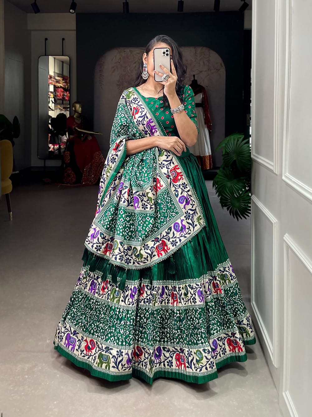 Crushed Dola Silk Lehenga With Bandhej Print and Patola Print