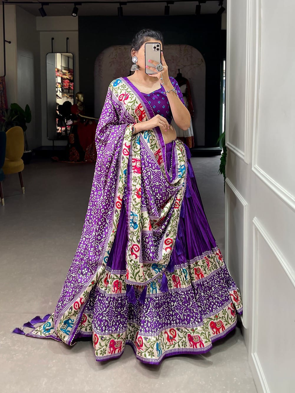 Crushed Dola Silk Lehenga With Bandhej Print and Patola Print