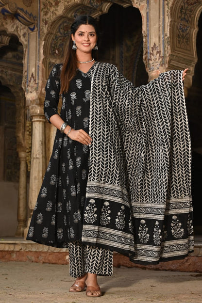 Soft Cotton Black and White Printed Anarkali Kurti Set