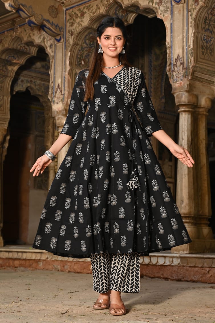 Soft Cotton Black and White Printed Anarkali Kurti Set