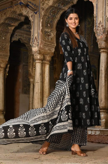 Soft Cotton Black and White Printed Anarkali Kurti Set