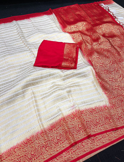White and Red Soft Banarasi Dola Silk Saree With Rich Zari Work