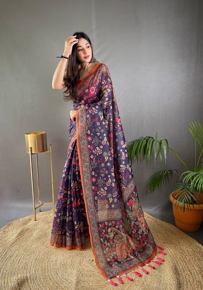 Cotton Saree With Kalamkari Print and Contrast Pallu With Tussles