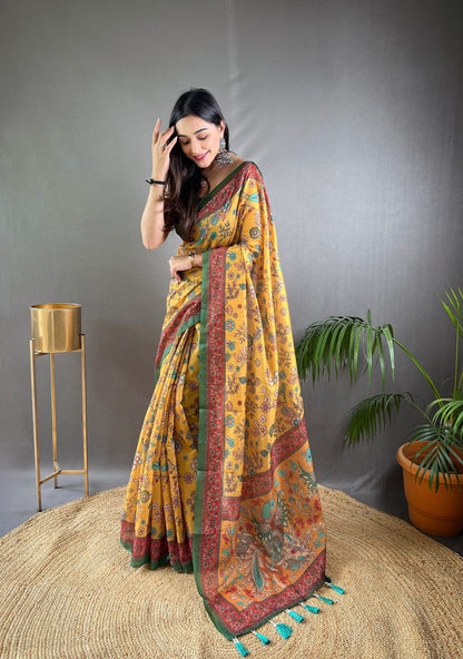 Cotton Saree With Kalamkari Print and Contrast Pallu With Tussles