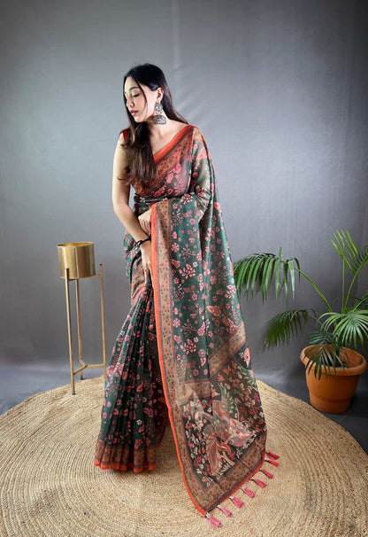 Cotton Saree With Kalamkari Print and Contrast Pallu With Tussles