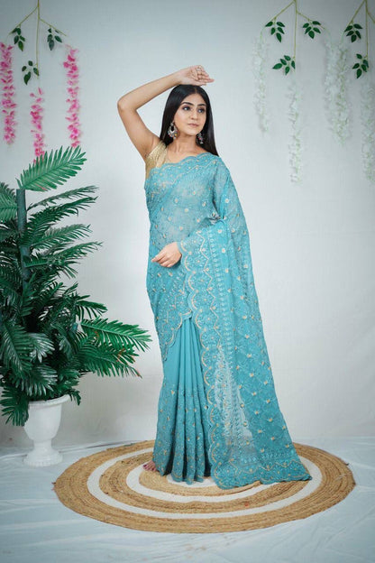 Soft Georgette Saree With Floral Thread Work and Jal Work