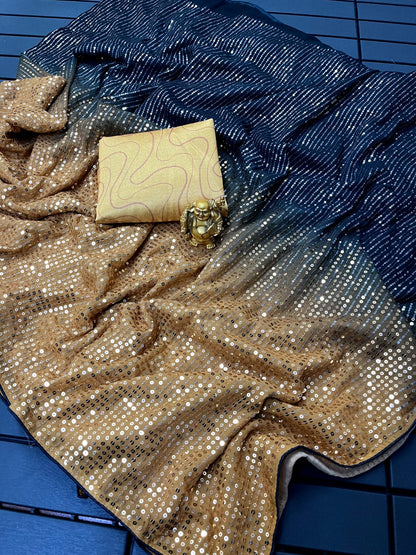 Gold And Blue Soft Georgette Saree With All Over Sequence Work