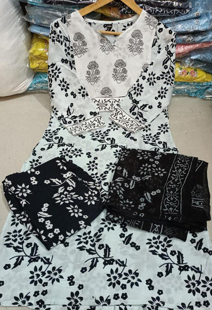 Black and White Reyon Kurti and Pant With Mul Mul Cotton Dupatta