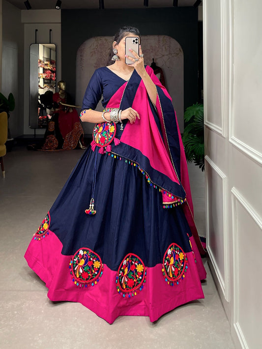 Blue With Pink Soft Cotton Lehenga With Mirror Work and Tussles