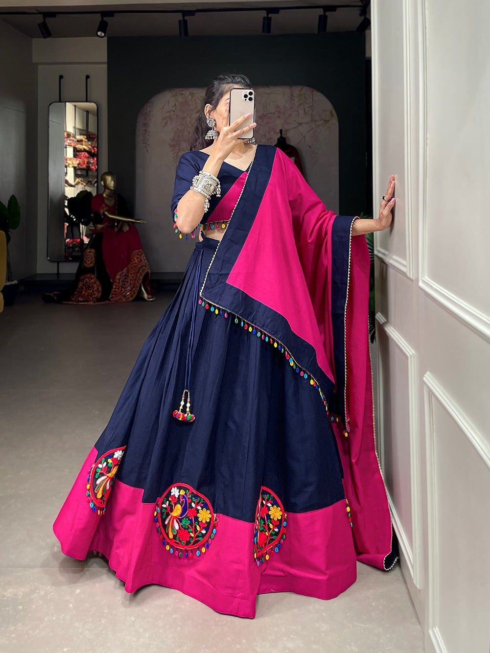 Blue With Pink Soft Cotton Lehenga With Mirror Work and Tussles