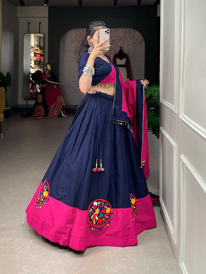 Blue With Pink Soft Cotton Lehenga With Mirror Work and Tussles