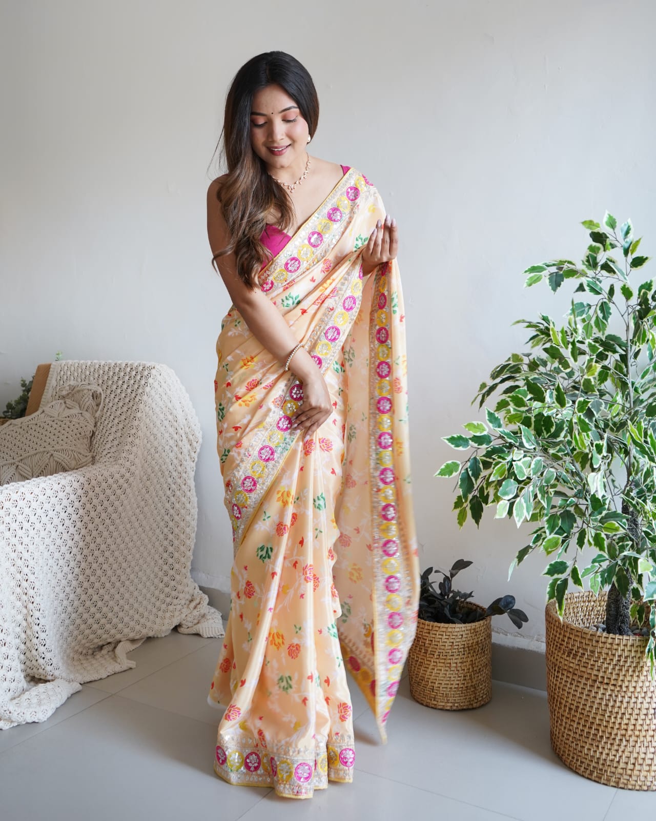 Soft Chinnon Silk Saree With Floral Digital Printed and Thread Work