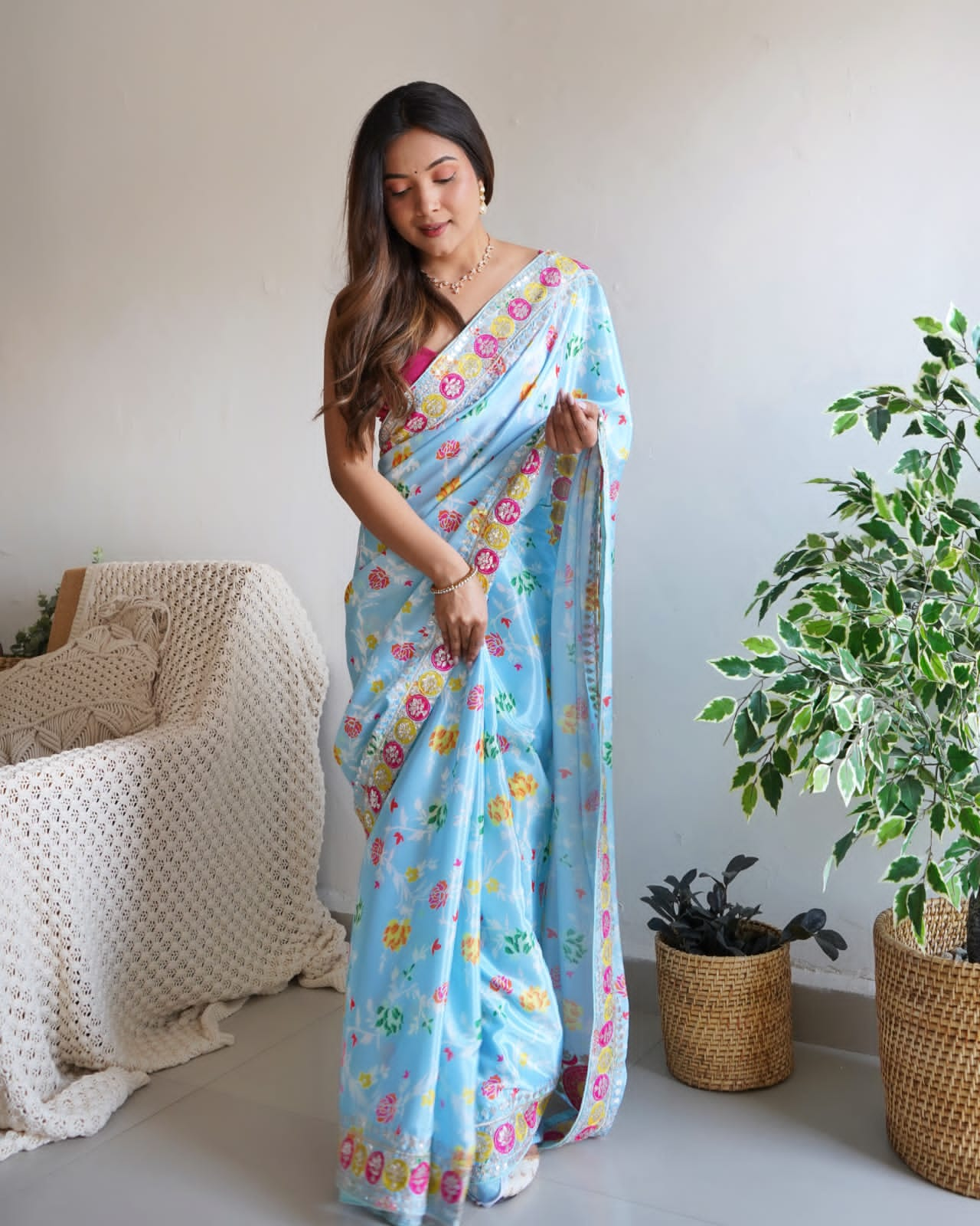 Soft Chinnon Silk Saree With Floral Digital Printed and Thread Work