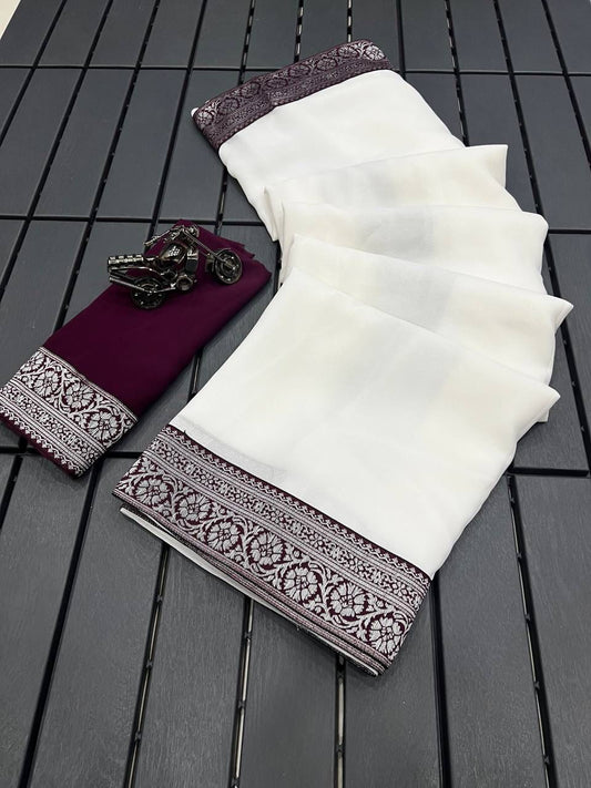 Soft Chiffon Plain Saree With Maharani Lace Border