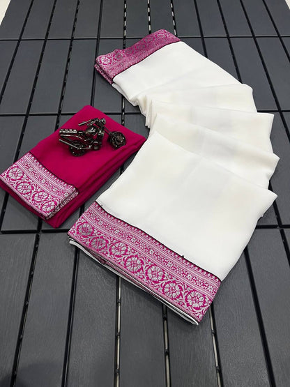 Soft Chiffon Plain Saree With Maharani Lace Border