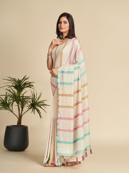 Soft Chinnon Silk Saree With Embroidery Sequence Work