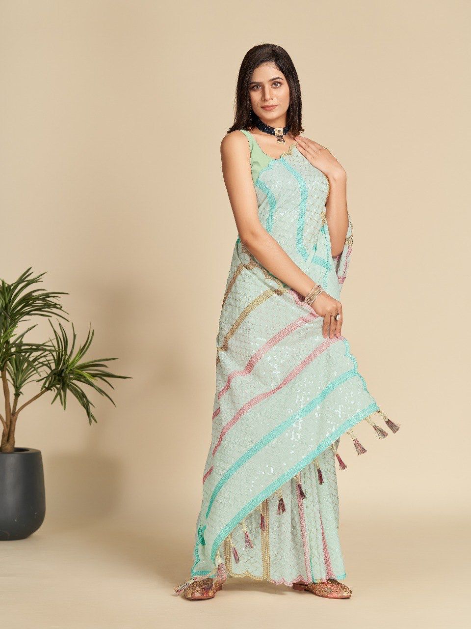 Soft Chinnon Silk Saree With Embroidery Sequence Work