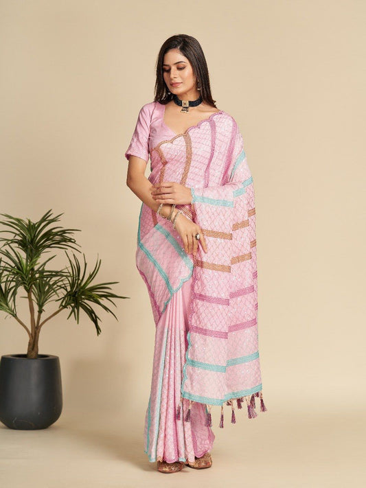Soft Chinnon Silk Saree With Embroidery Sequence Work