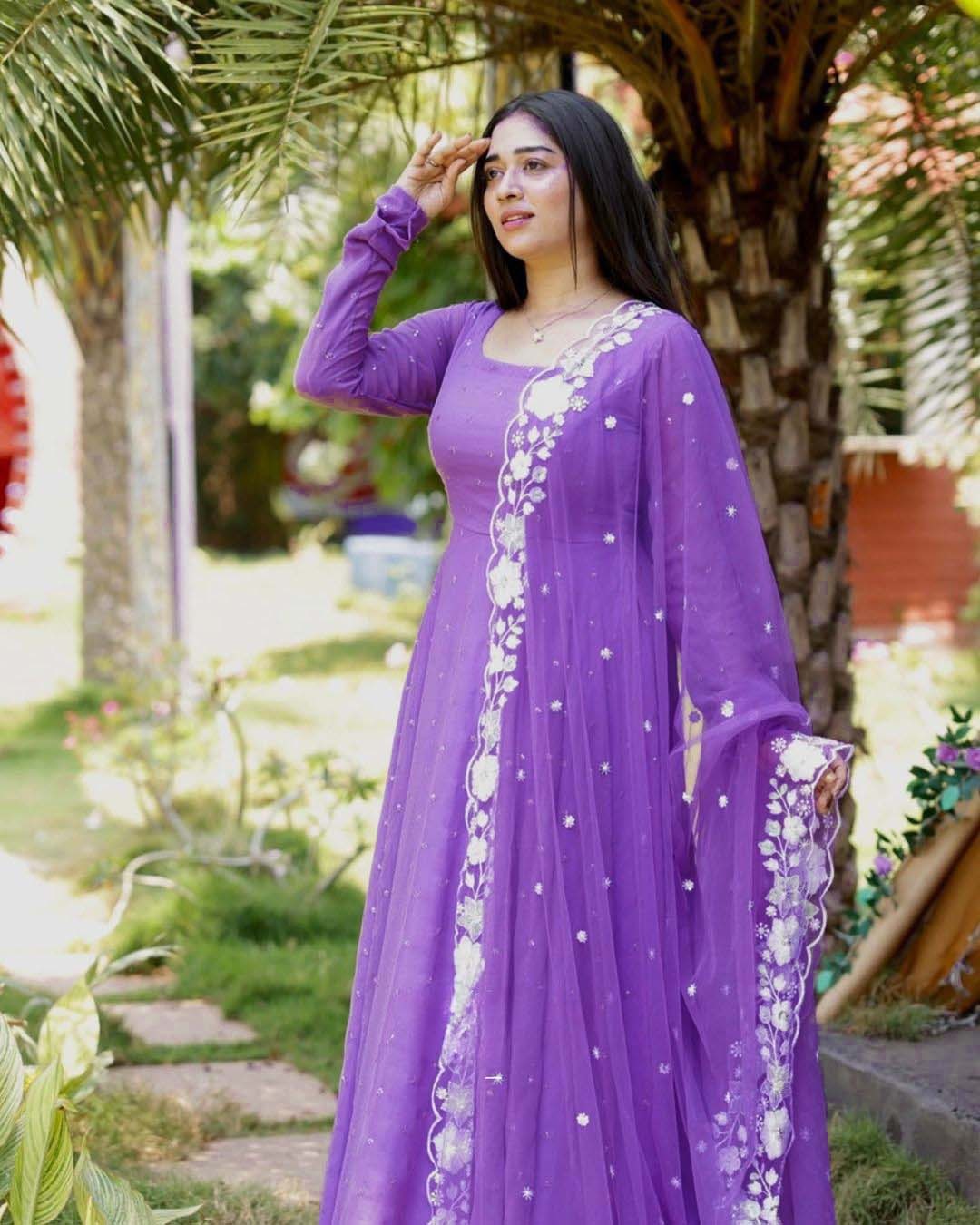 Light Violet Anarkali Georgette Gown With Embroidered Butties