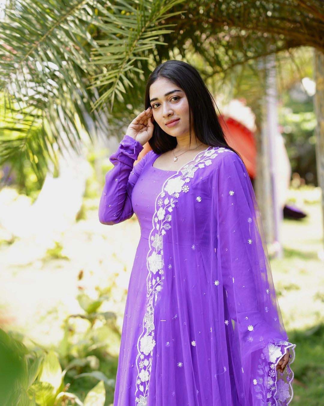 Light Violet Anarkali Georgette Gown With Embroidered Butties