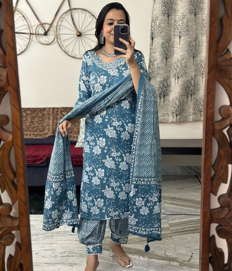 Blue Soft Cotton Afghani Party Wear Kurti Set With Printed Work