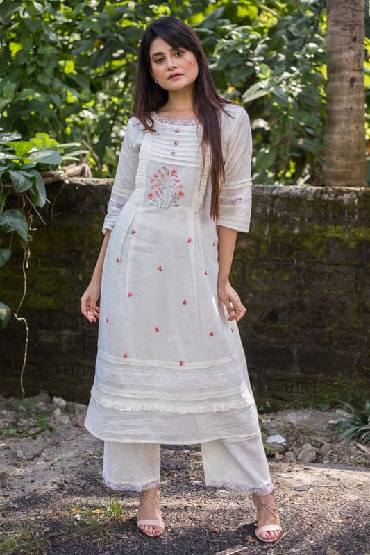 White Soft Mul Mul Cotton Kurti Set With Embroidery and Lace Pant