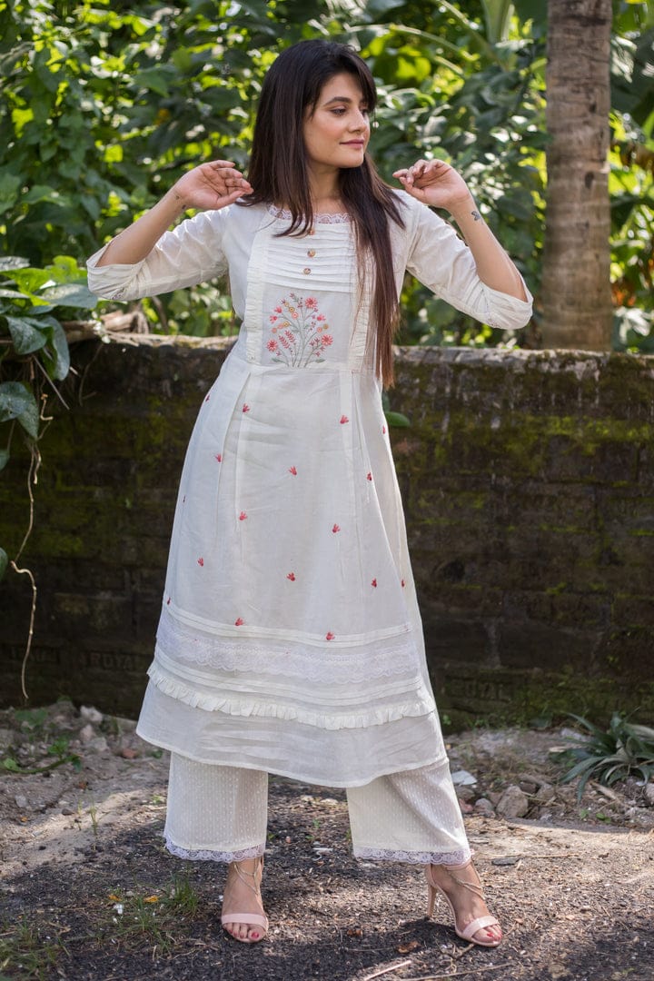 White Soft Mul Mul Cotton Kurti Set With Embroidery and Lace Pant