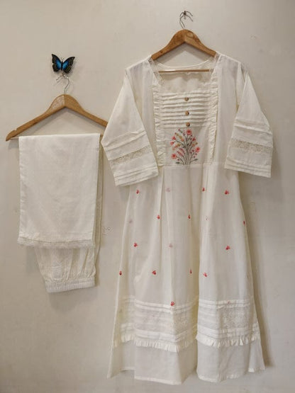 White Soft Mul Mul Cotton Kurti Set With Embroidery and Lace Pant