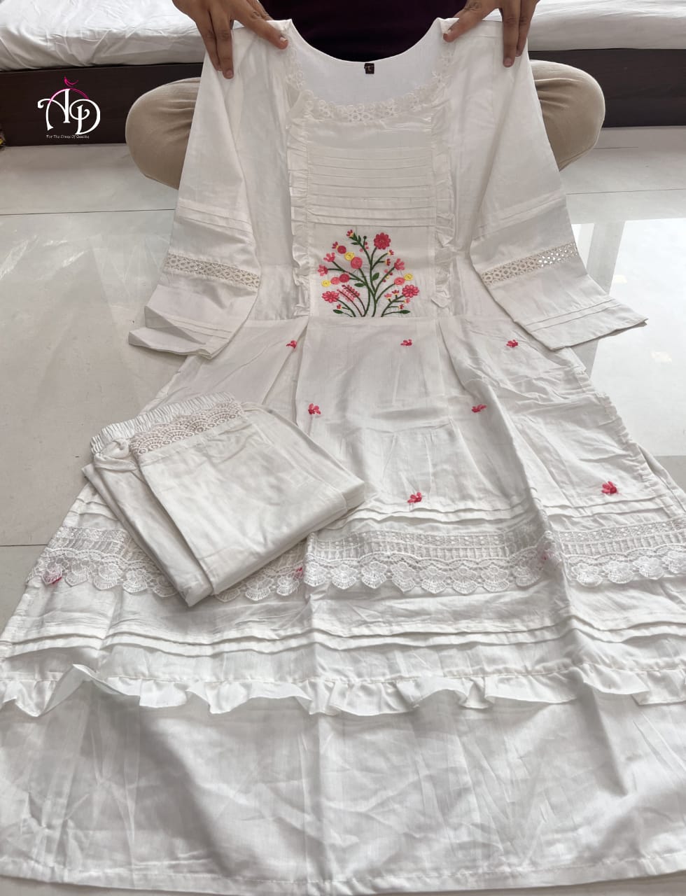 White Soft Mul Mul Cotton Kurti Set With Embroidery and Lace Pant