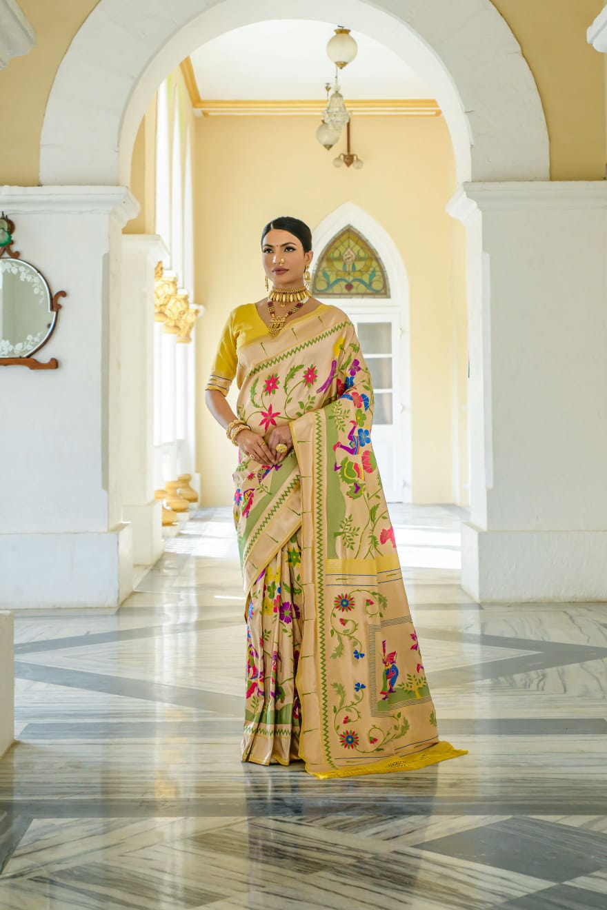 Soft Paithai Silk Saree With Meena Zari Work And Unique Garba Style