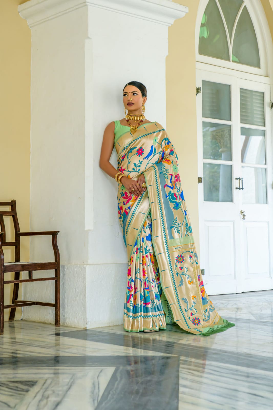 Soft Paithai Silk Saree With Meena Zari Work And Unique Garba Style