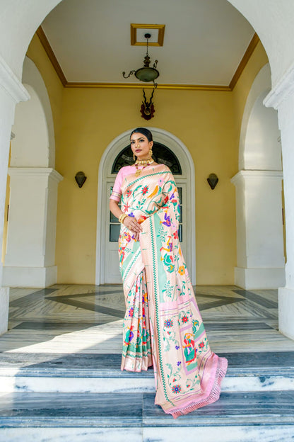 Soft Paithai Silk Saree With Meena Zari Work And Unique Garba Style