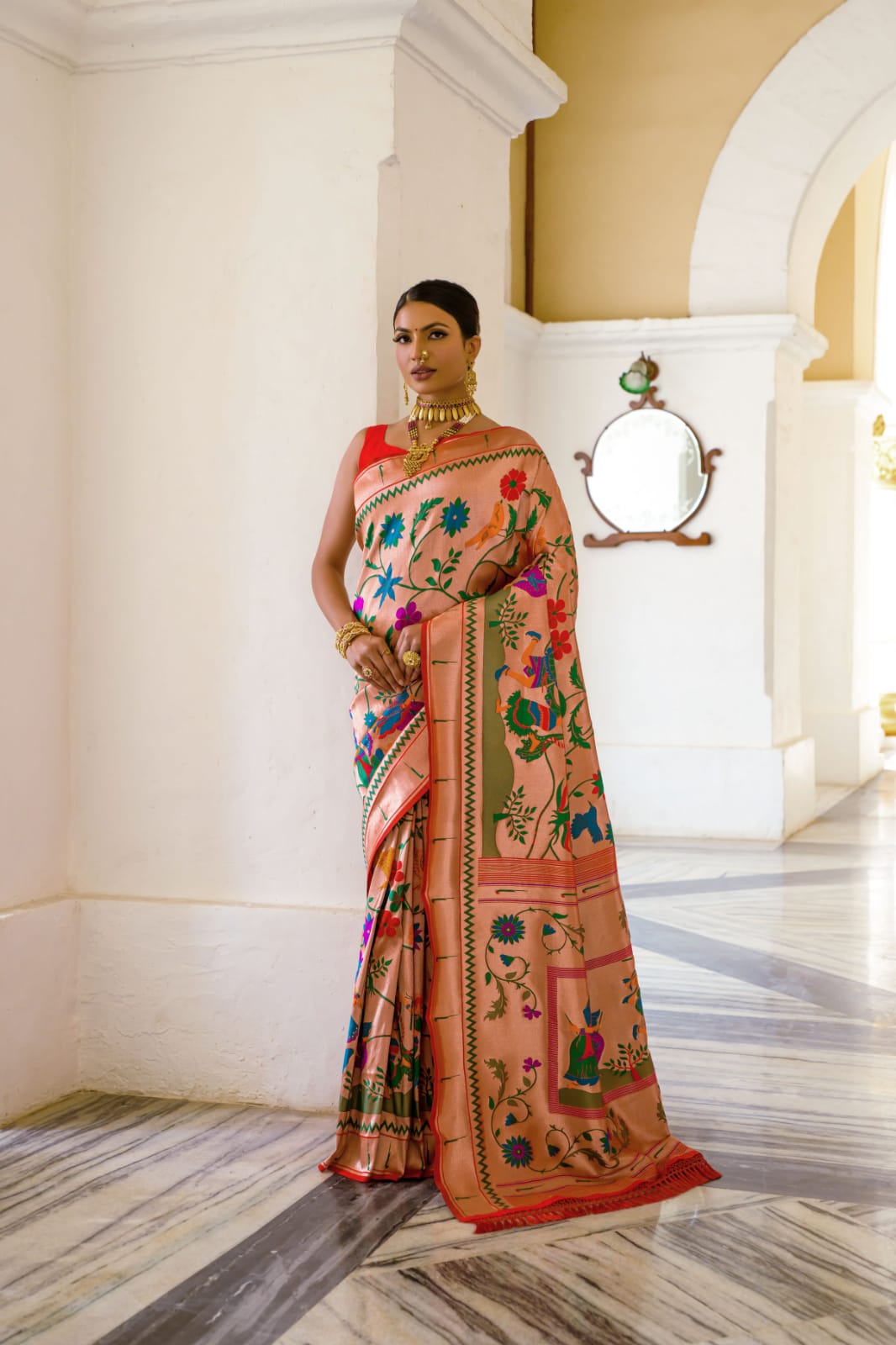 Soft Paithai Silk Saree With Meena Zari Work And Unique Garba Style