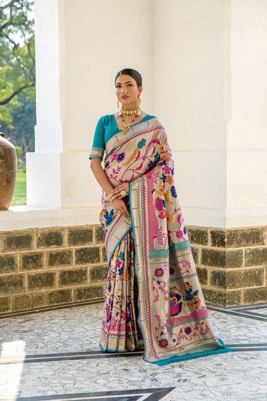 Soft Paithai Silk Saree With Meena Zari Work And Unique Garba Style