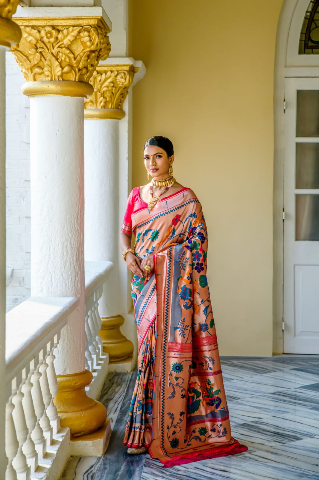 Soft Paithai Silk Saree With Meena Zari Work And Unique Garba Style