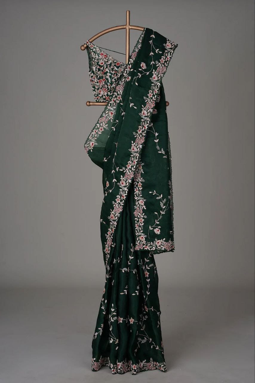 Green Soft Organza Silk Saree With Embroidery Work