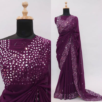 Soft Georgette Saree With Mirror Work and Thread Work