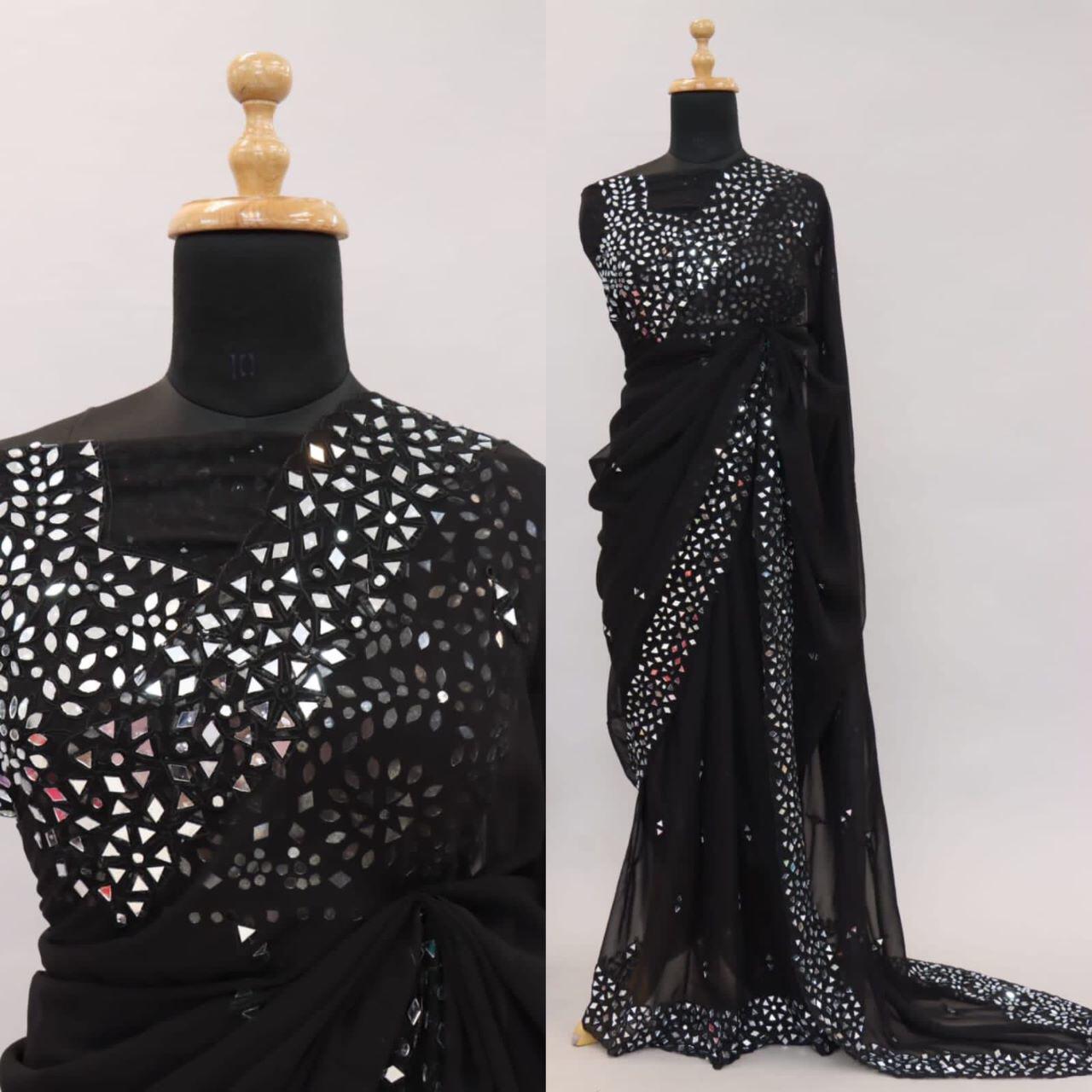 Soft Georgette Saree With Mirror Work and Thread Work