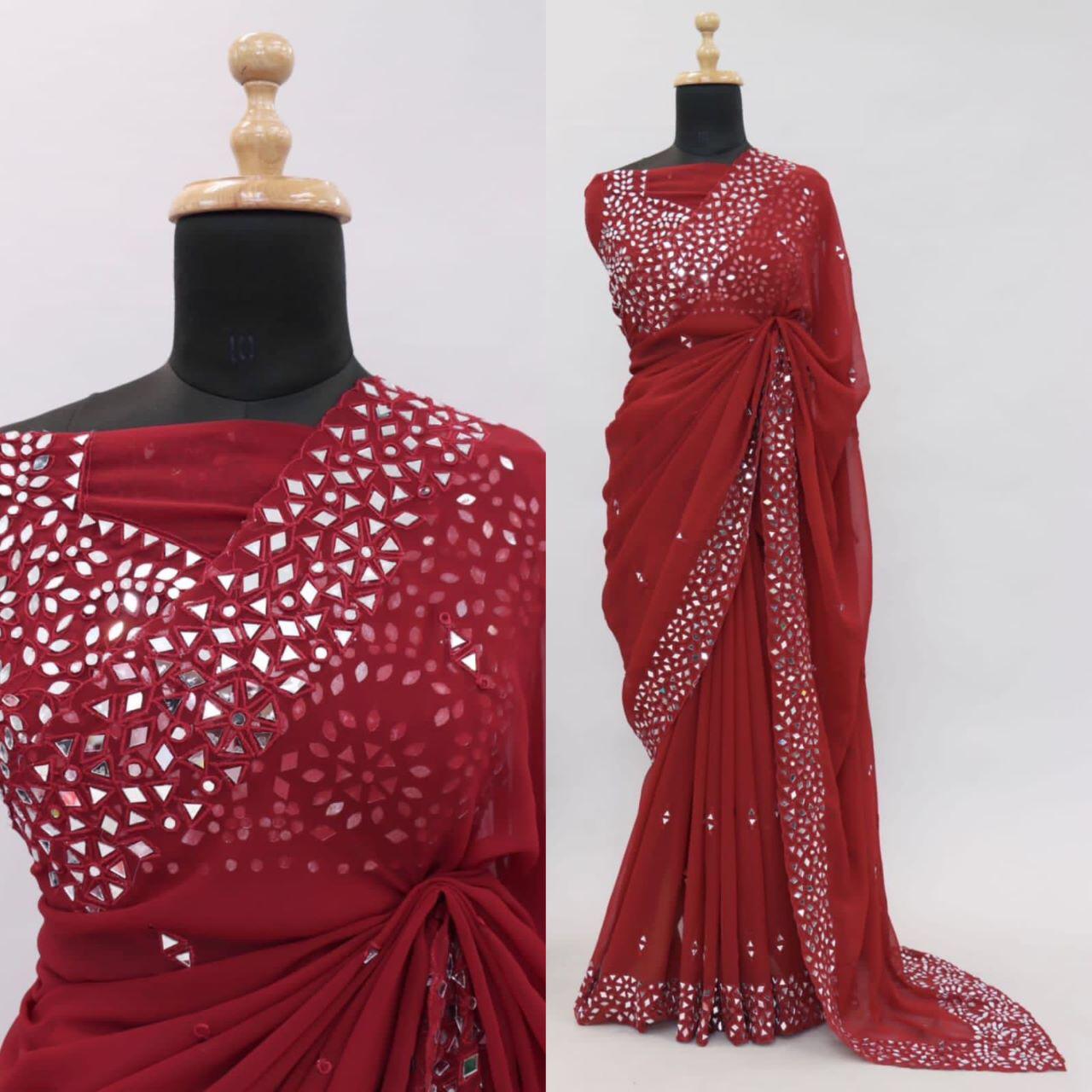 Soft Georgette Saree With Mirror Work and Thread Work